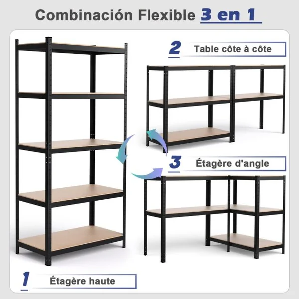 Étagère de Rangement 91x46x183CM avec 5 Tablettes Chaque Charge 175KG en Métal et Bois Noir