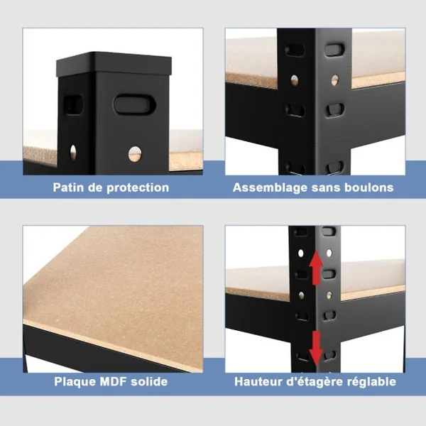 Étagère de Rangement 91x46x183CM avec 5 Tablettes Chaque Charge 175KG en Métal et Bois Noir