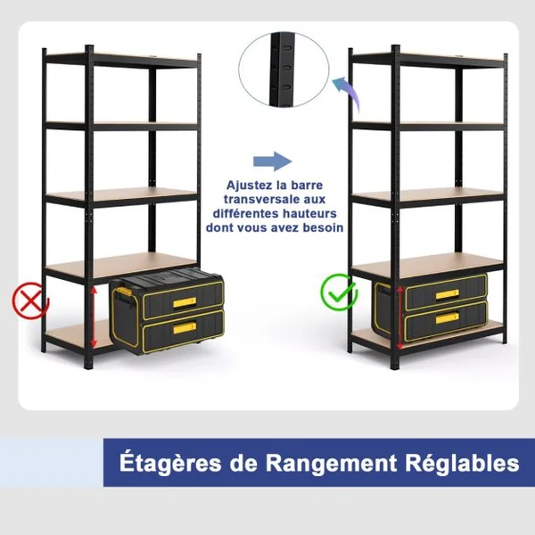 Étagère de Rangement 91x46x183CM avec 5 Tablettes Chaque Charge 175KG en Métal et Bois Noir