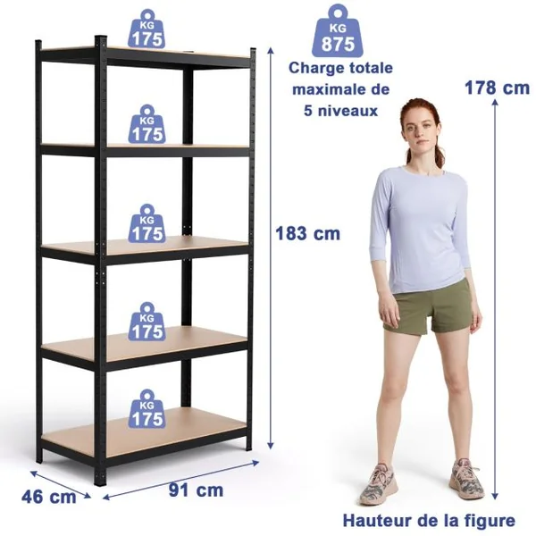 Étagère de Rangement 91x46x183CM avec 5 Tablettes Chaque Charge 175KG en Métal et Bois Noir