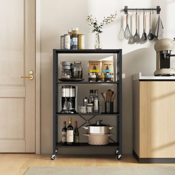 Étagère de Rangement Pliable à 4 Niveaux Étagère Réglable avec Roues Verrouillables Unité de Rangement Domestique Organisateur de Rangement Noir