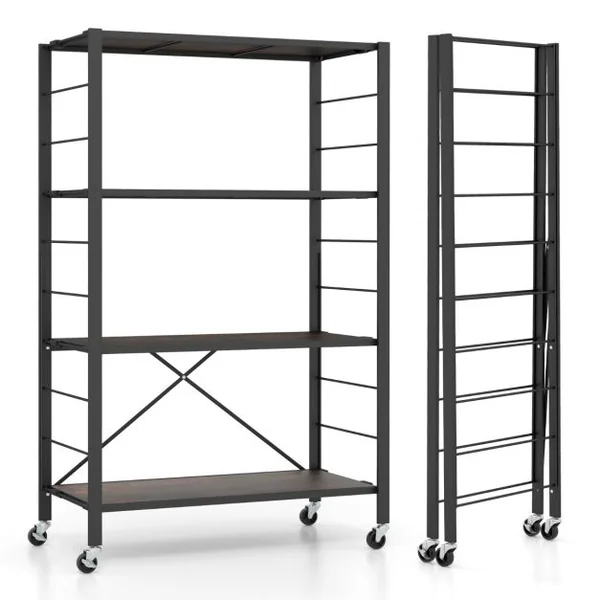 Étagère de Rangement Pliable à 4 Niveaux Étagère Réglable avec Roues Verrouillables Unité de Rangement Domestique Organisateur de Rangement Noir
