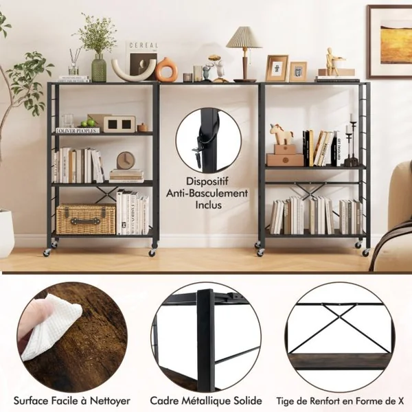 Étagère de Rangement Pliable à 4 Niveaux Étagère Réglable avec Roues Verrouillables Unité de Rangement Domestique Organisateur de Rangement Noir