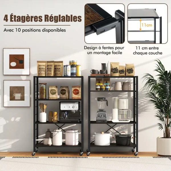 Étagère de Rangement Pliable à 4 Niveaux Étagère Réglable avec Roues Verrouillables Unité de Rangement Domestique Organisateur de Rangement Noir