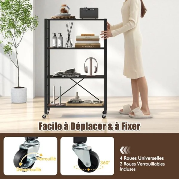 Étagère de Rangement Pliable à 4 Niveaux Étagère Réglable avec Roues Verrouillables Unité de Rangement Domestique Organisateur de Rangement Noir