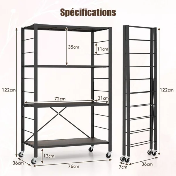 Étagère de Rangement Pliable à 4 Niveaux Étagère Réglable avec Roues Verrouillables Unité de Rangement Domestique Organisateur de Rangement Noir