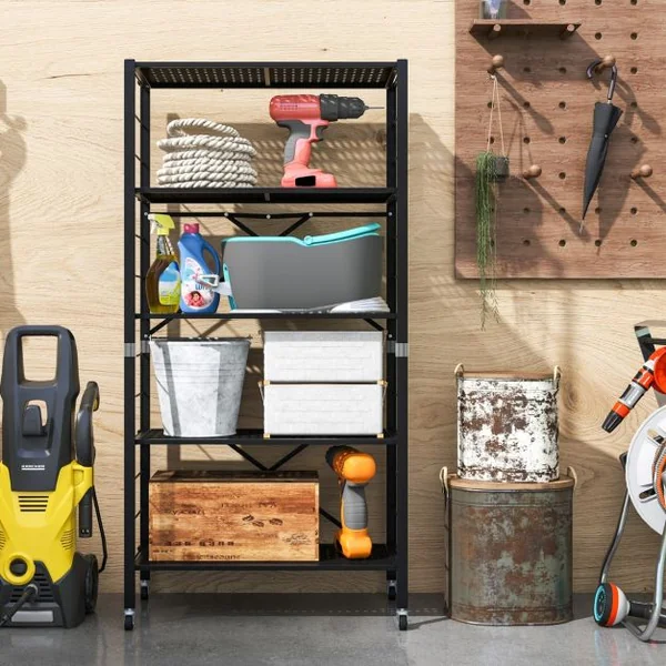 Étagère de Rangement Pliante avec Roues Etagère charge lourde avec Étagère Réglable en Hauteur pour Cuisine Salon Garage Noir