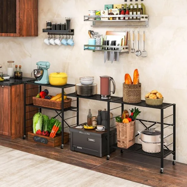 Étagère de Rangement Pliante avec Roues Etagère charge lourde avec Étagère Réglable en Hauteur pour Cuisine Salon Garage Noir