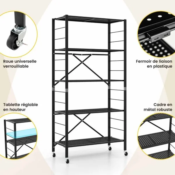 Étagère de Rangement Pliante avec Roues Etagère charge lourde avec Étagère Réglable en Hauteur pour Cuisine Salon Garage Noir