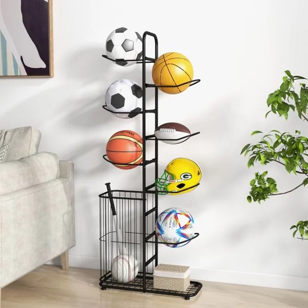 Étagère de Rangement pour Balles à 7 Niveaux Support de Basket-Ball avec 7 Tiges Amovibles et Panier Latéral Organisateur d'Équipement Sportif Noir