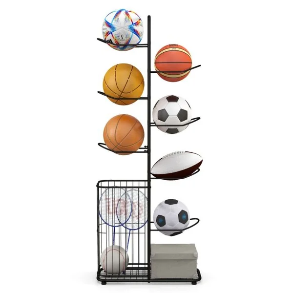 Étagère de Rangement pour Balles à 7 Niveaux Support de Basket-Ball avec 7 Tiges Amovibles et Panier Latéral Organisateur d'Équipement Sportif Noir