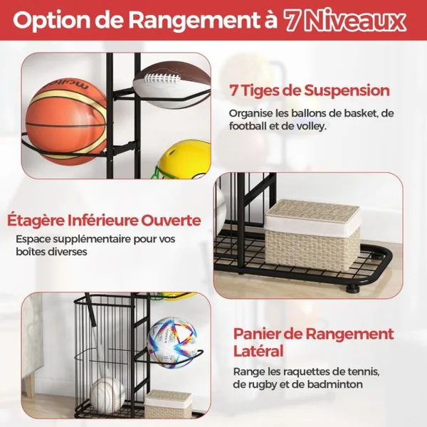 Étagère de Rangement pour Balles à 7 Niveaux Support de Basket-Ball avec 7 Tiges Amovibles et Panier Latéral Organisateur d'Équipement Sportif Noir