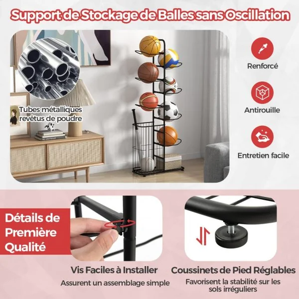 Étagère de Rangement pour Balles à 7 Niveaux Support de Basket-Ball avec 7 Tiges Amovibles et Panier Latéral Organisateur d'Équipement Sportif Noir