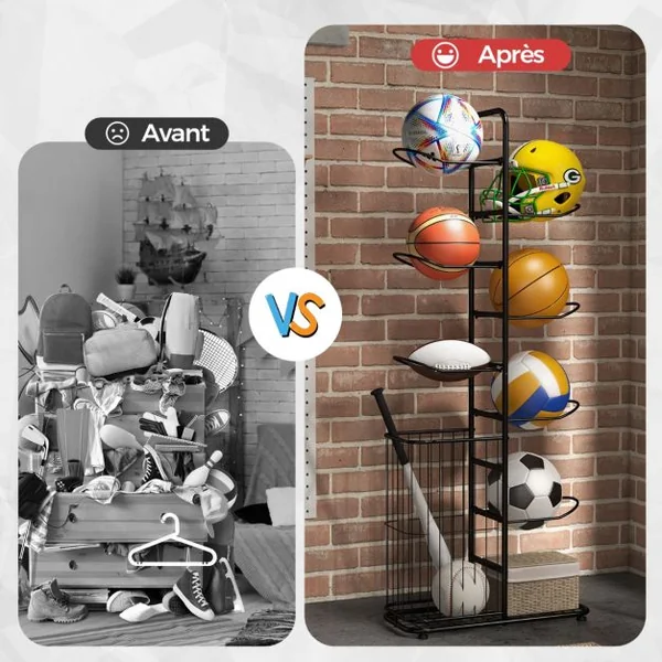 Étagère de Rangement pour Balles à 7 Niveaux Support de Basket-Ball avec 7 Tiges Amovibles et Panier Latéral Organisateur d'Équipement Sportif Noir