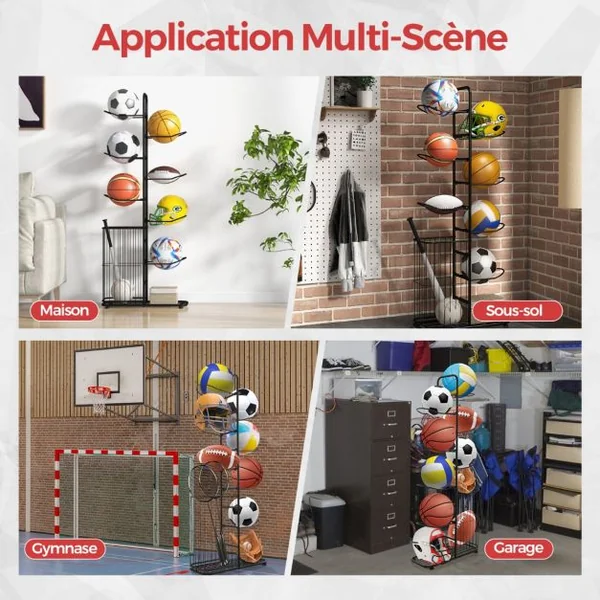 Étagère de Rangement pour Balles à 7 Niveaux Support de Basket-Ball avec 7 Tiges Amovibles et Panier Latéral Organisateur d'Équipement Sportif Noir