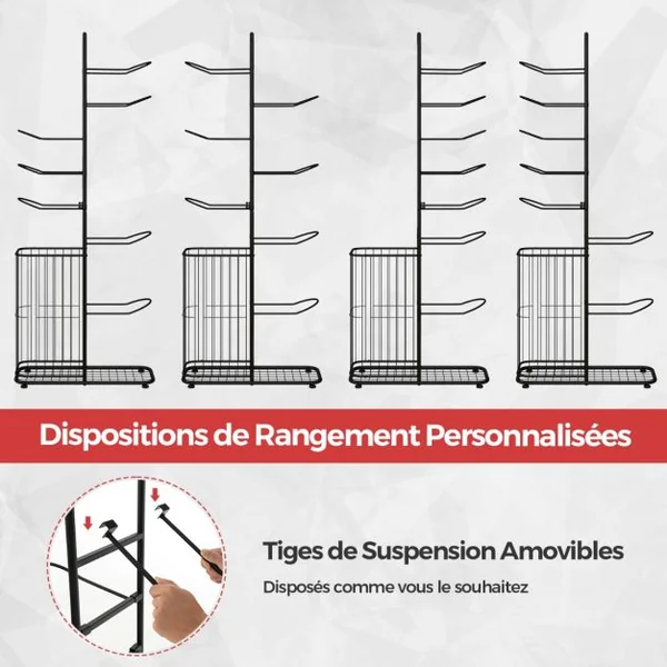Étagère de Rangement pour Balles à 7 Niveaux Support de Basket-Ball avec 7 Tiges Amovibles et Panier Latéral Organisateur d'Équipement Sportif Noir