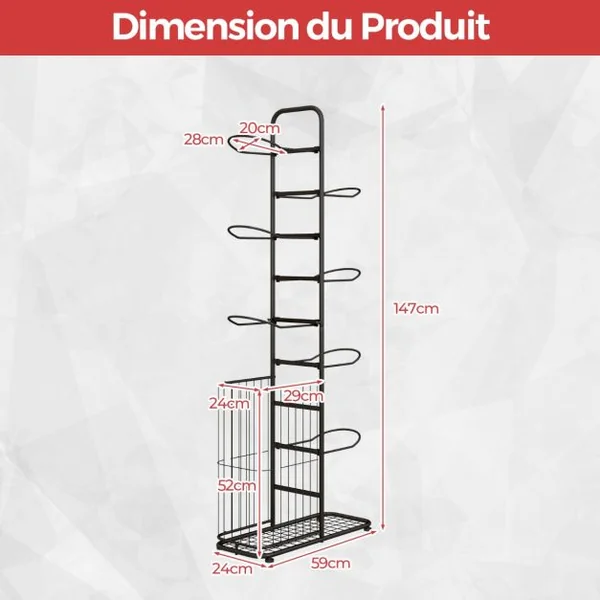 Étagère de Rangement pour Balles à 7 Niveaux Support de Basket-Ball avec 7 Tiges Amovibles et Panier Latéral Organisateur d'Équipement Sportif Noir