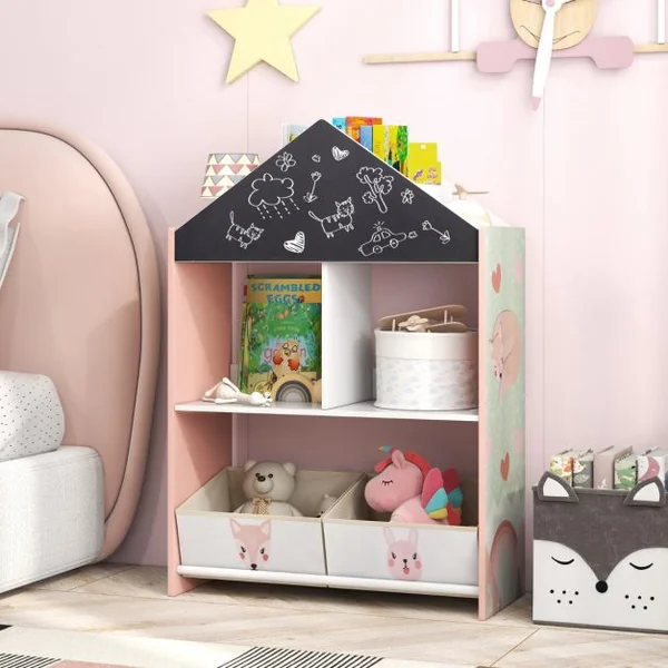 Étagère de Rangement pour Enfants Tableau Noir et Blanc Inscriptibles 4 Compartiments 2 Tiroirs Kits Anti-basculement Bibliothèque Gris/Rose