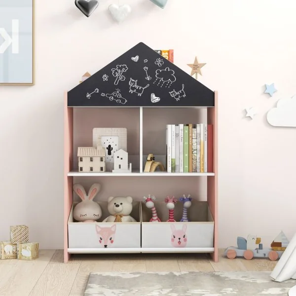 Étagère de Rangement pour Enfants Tableau Noir et Blanc Inscriptibles 4 Compartiments 2 Tiroirs Kits Anti-basculement Bibliothèque Gris/Rose