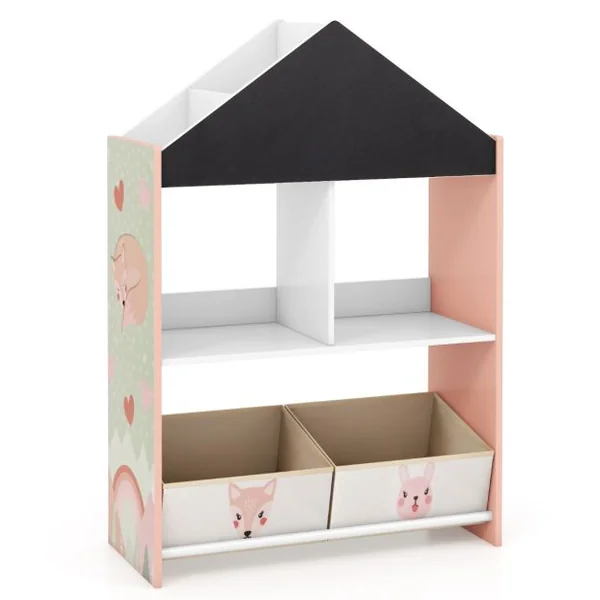 Étagère de Rangement pour Enfants Tableau Noir et Blanc Inscriptibles 4 Compartiments 2 Tiroirs Kits Anti-basculement Bibliothèque Gris/Rose