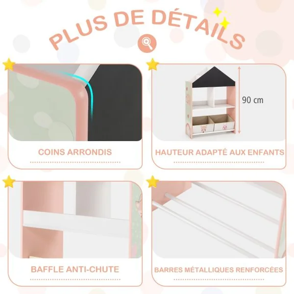 Étagère de Rangement pour Enfants Tableau Noir et Blanc Inscriptibles 4 Compartiments 2 Tiroirs Kits Anti-basculement Bibliothèque Gris/Rose