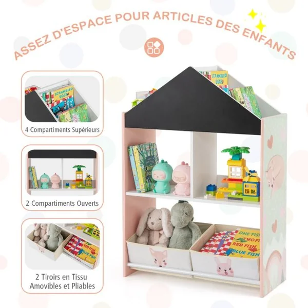 Étagère de Rangement pour Enfants Tableau Noir et Blanc Inscriptibles 4 Compartiments 2 Tiroirs Kits Anti-basculement Bibliothèque Gris/Rose
