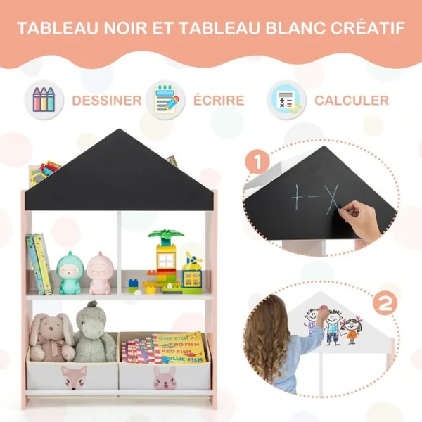 Étagère de Rangement pour Enfants Tableau Noir et Blanc Inscriptibles 4 Compartiments 2 Tiroirs Kits Anti-basculement Bibliothèque Gris/Rose
