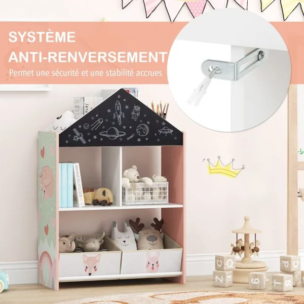 Étagère de Rangement pour Enfants Tableau Noir et Blanc Inscriptibles 4 Compartiments 2 Tiroirs Kits Anti-basculement Bibliothèque Gris/Rose