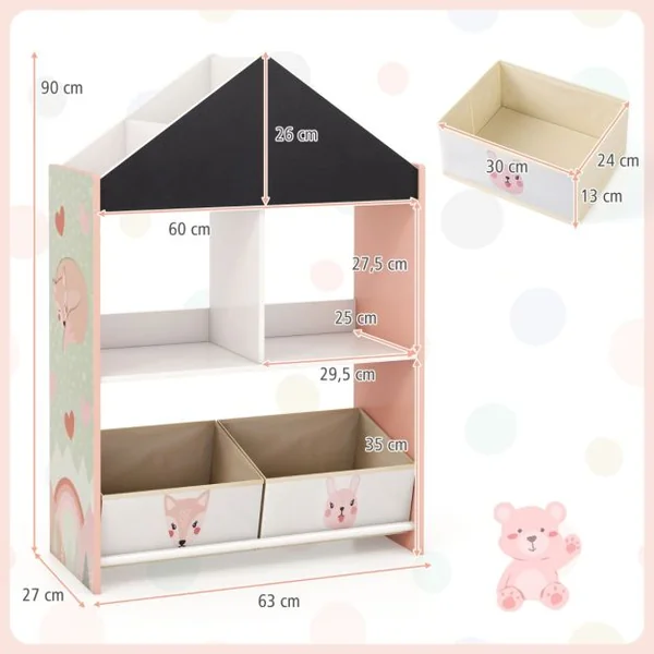 Étagère de Rangement pour Enfants Tableau Noir et Blanc Inscriptibles 4 Compartiments 2 Tiroirs Kits Anti-basculement Bibliothèque Gris/Rose