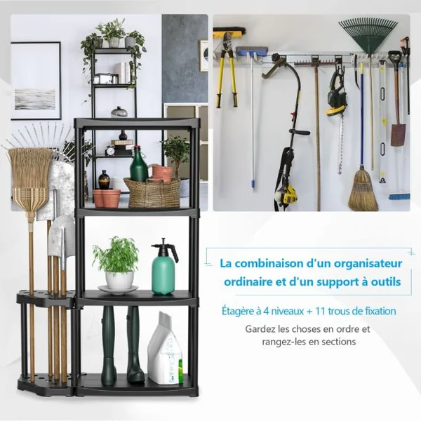 Étagère de Rangement à 4 Niveaux en Plastique avec Support d'Outils à 12 Trous 60x30x133 CM Étagère de Garage pour Atelier Noir