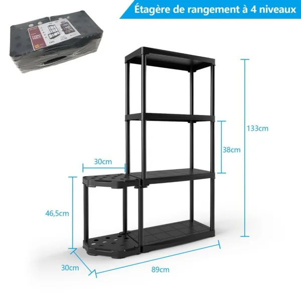 Étagère de Rangement à 4 Niveaux en Plastique avec Support d'Outils à 12 Trous 60x30x133 CM Étagère de Garage pour Atelier Noir