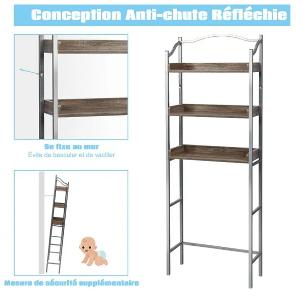 Étagère de Salle de Bain Dessus Toilettes à 3 Niveaux avec Tablettes Réglables 61 x 22,5 x 167,5 cm Charge 10 kg