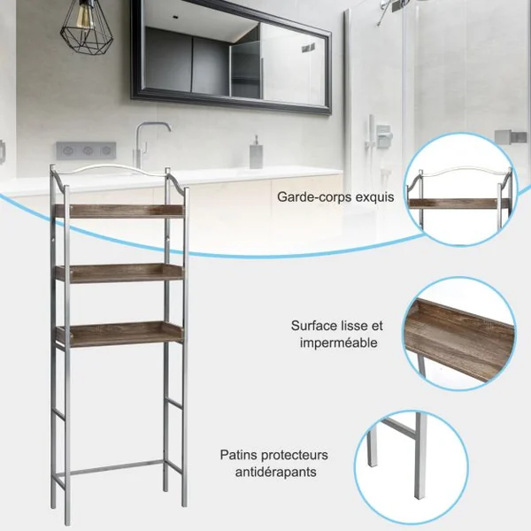 Étagère de Salle de Bain Dessus Toilettes à 3 Niveaux avec Tablettes Réglables 61 x 22,5 x 167,5 cm Charge 10 kg