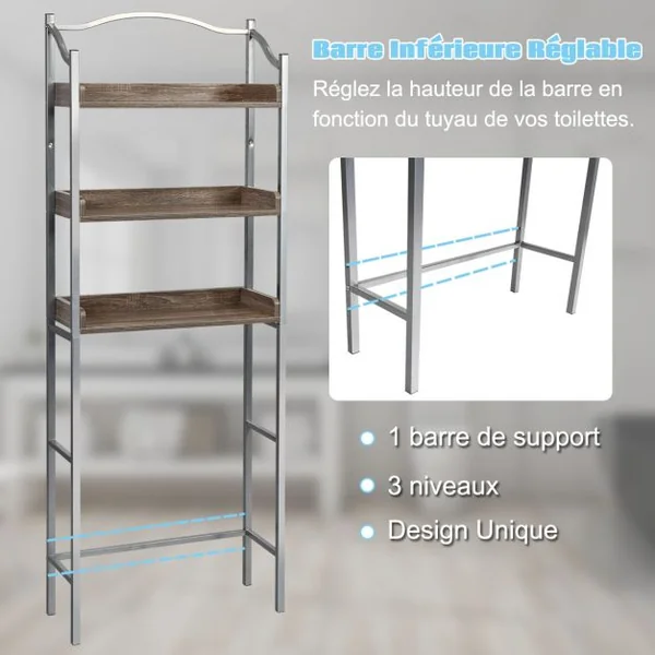 Étagère de Salle de Bain Dessus Toilettes à 3 Niveaux avec Tablettes Réglables 61 x 22,5 x 167,5 cm Charge 10 kg