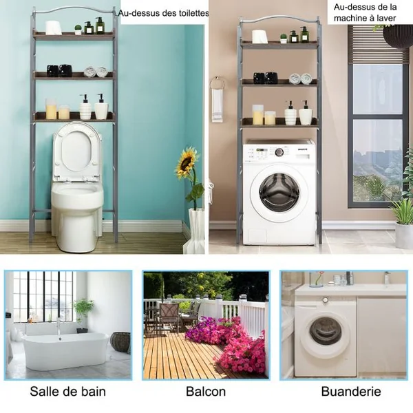 Étagère de Salle de Bain Dessus Toilettes à 3 Niveaux avec Tablettes Réglables 61 x 22,5 x 167,5 cm Charge 10 kg
