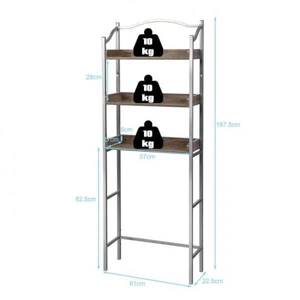 Étagère de Salle de Bain Dessus Toilettes à 3 Niveaux avec Tablettes Réglables 61 x 22,5 x 167,5 cm Charge 10 kg