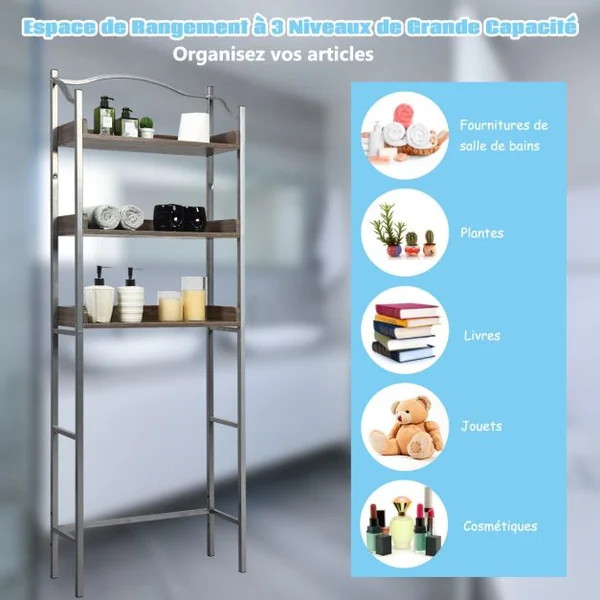 Étagère de Salle de Bain Dessus Toilettes à 3 Niveaux avec Tablettes Réglables 61 x 22,5 x 167,5 cm Charge 10 kg