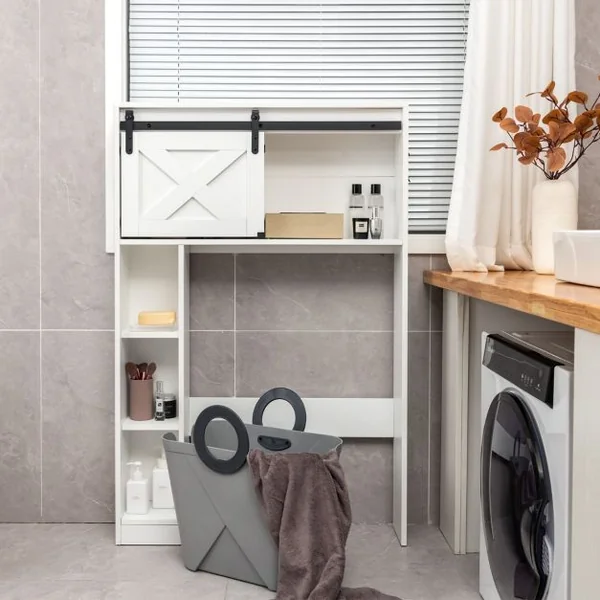 Étagère de Toilette Meuble de Salle de Bains avec avec 3 Etagères et 2 Placards Porte d'Armoire Mobile 84 x 17 x 128 cm Blanc/Gris