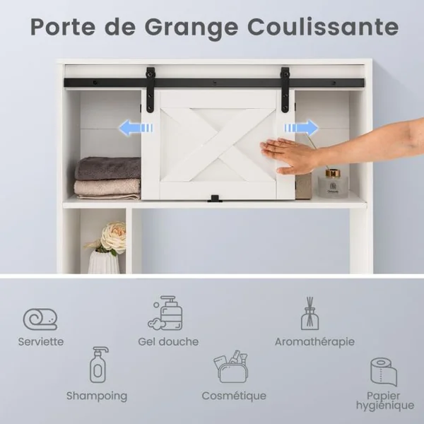 Étagère de Toilette Meuble de Salle de Bains avec avec 3 Etagères et 2 Placards Porte d'Armoire Mobile 84 x 17 x 128 cm Blanc/Gris