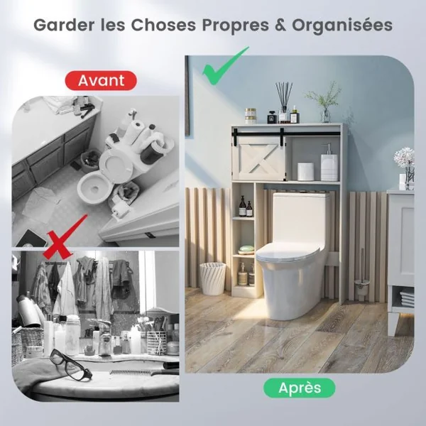Étagère de Toilette Meuble de Salle de Bains avec avec 3 Etagères et 2 Placards Porte d'Armoire Mobile 84 x 17 x 128 cm Blanc/Gris
