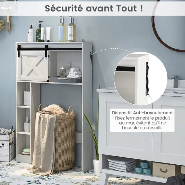 Étagère de Toilette Meuble de Salle de Bains avec avec 3 Etagères et 2 Placards Porte d'Armoire Mobile 84 x 17 x 128 cm Blanc/Gris