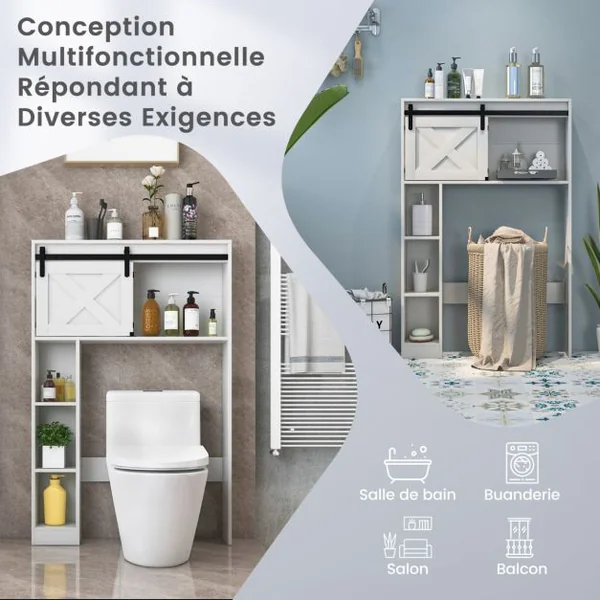 Étagère de Toilette Meuble de Salle de Bains avec avec 3 Etagères et 2 Placards Porte d'Armoire Mobile 84 x 17 x 128 cm Blanc/Gris