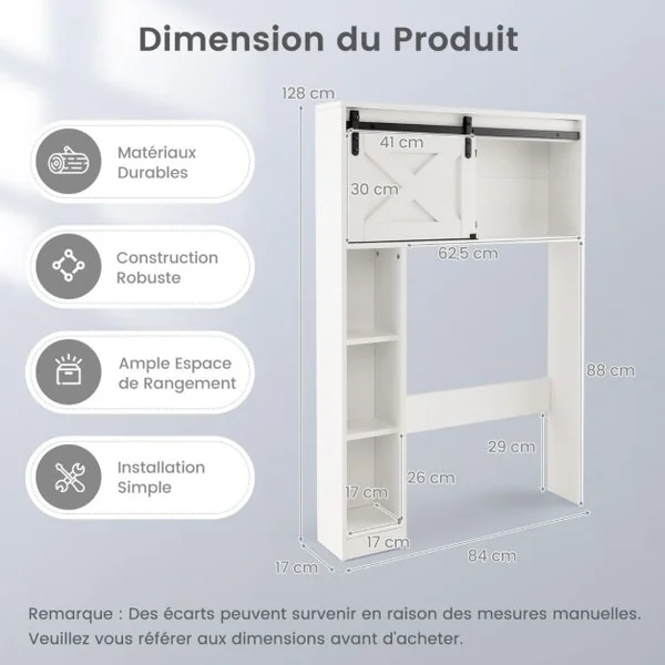 Étagère de Toilette Meuble de Salle de Bains avec avec 3 Etagères et 2 Placards Porte d'Armoire Mobile 84 x 17 x 128 cm Blanc/Gris
