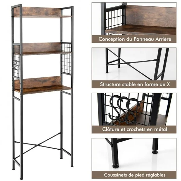 Étagère de Toilettes Meuble de Rangement de Salle de Bain à 3 Niveaux à Style Industriel Étagère de Rangement Marron