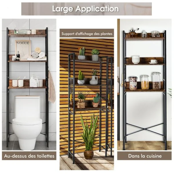 Étagère de Toilettes Meuble de Rangement de Salle de Bain à 3 Niveaux à Style Industriel Étagère de Rangement Marron