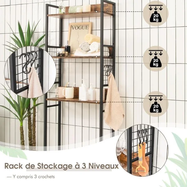 Étagère de Toilettes Meuble de Rangement de Salle de Bain à 3 Niveaux à Style Industriel Étagère de Rangement Marron