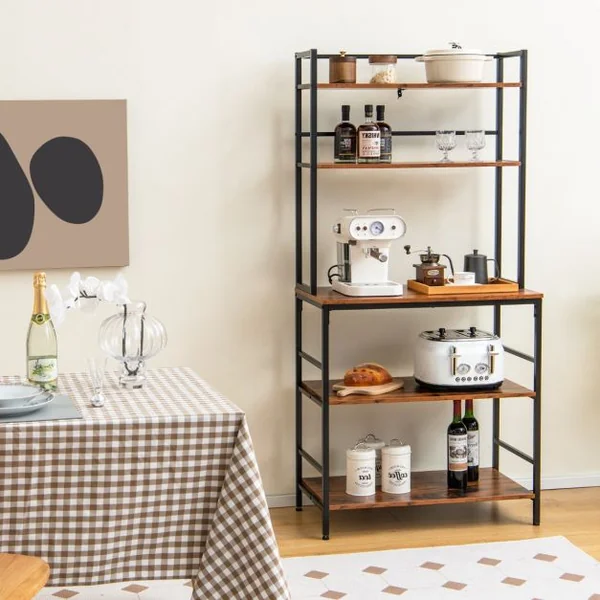 Étagère Desserte de Cuisine 5 Niveaux Support pour Four à Micro-Ondes avec Pieds Antidérapants Réglables Style Industriel Marron