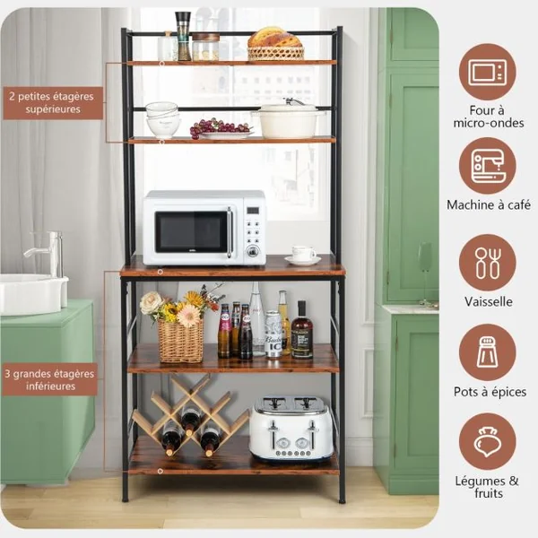 Étagère Desserte de Cuisine 5 Niveaux Support pour Four à Micro-Ondes avec Pieds Antidérapants Réglables Style Industriel Marron