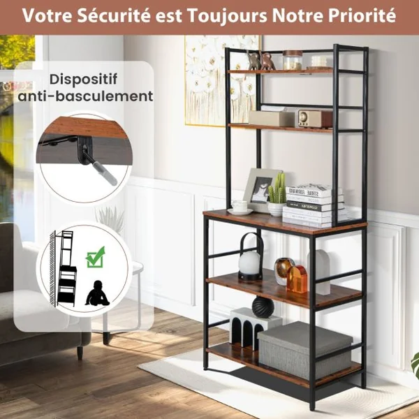 Étagère Desserte de Cuisine 5 Niveaux Support pour Four à Micro-Ondes avec Pieds Antidérapants Réglables Style Industriel Marron