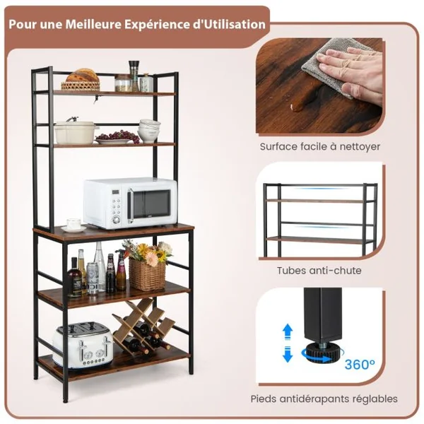 Étagère Desserte de Cuisine 5 Niveaux Support pour Four à Micro-Ondes avec Pieds Antidérapants Réglables Style Industriel Marron